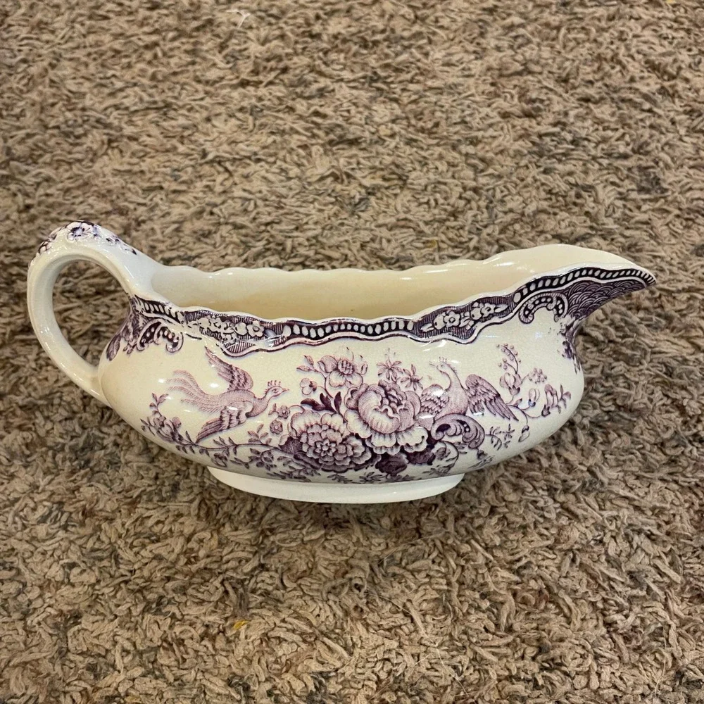 Vintage Crown Ducal Bristol Purple Transferware Gravy‎ Boat England Birds Floral